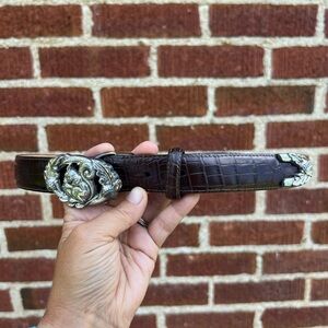 Talbots Genuine Leather Belt with Silver Fall Design size Small Statement Piece